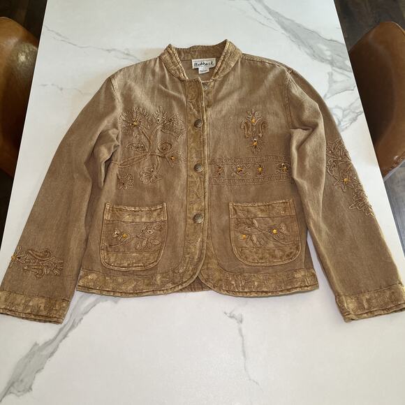 Flashback Vintage Tan Beige Embroidered Beaded Button Front Jacket Tapestry L - Picture 1 of 9